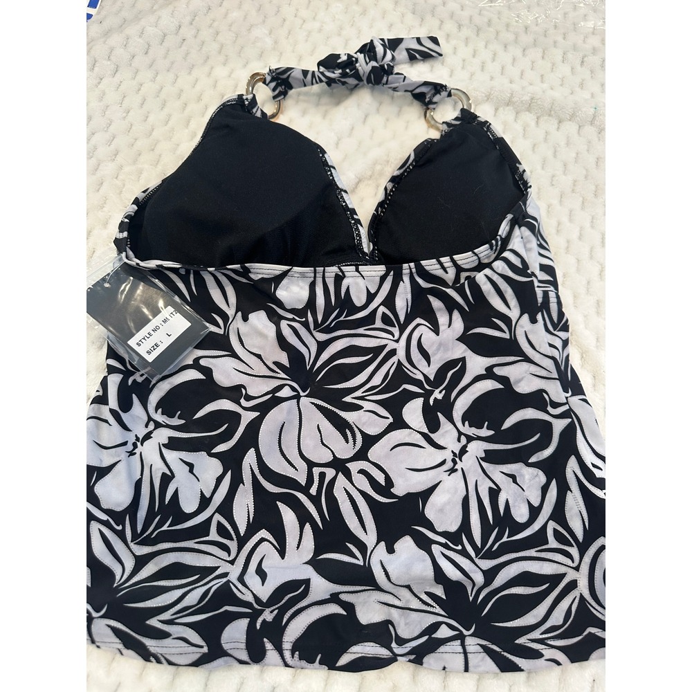 Your Choice by Bluetime Black White Floral Halter Tankini Top M91T2 NWT L - Picture 4 of 9